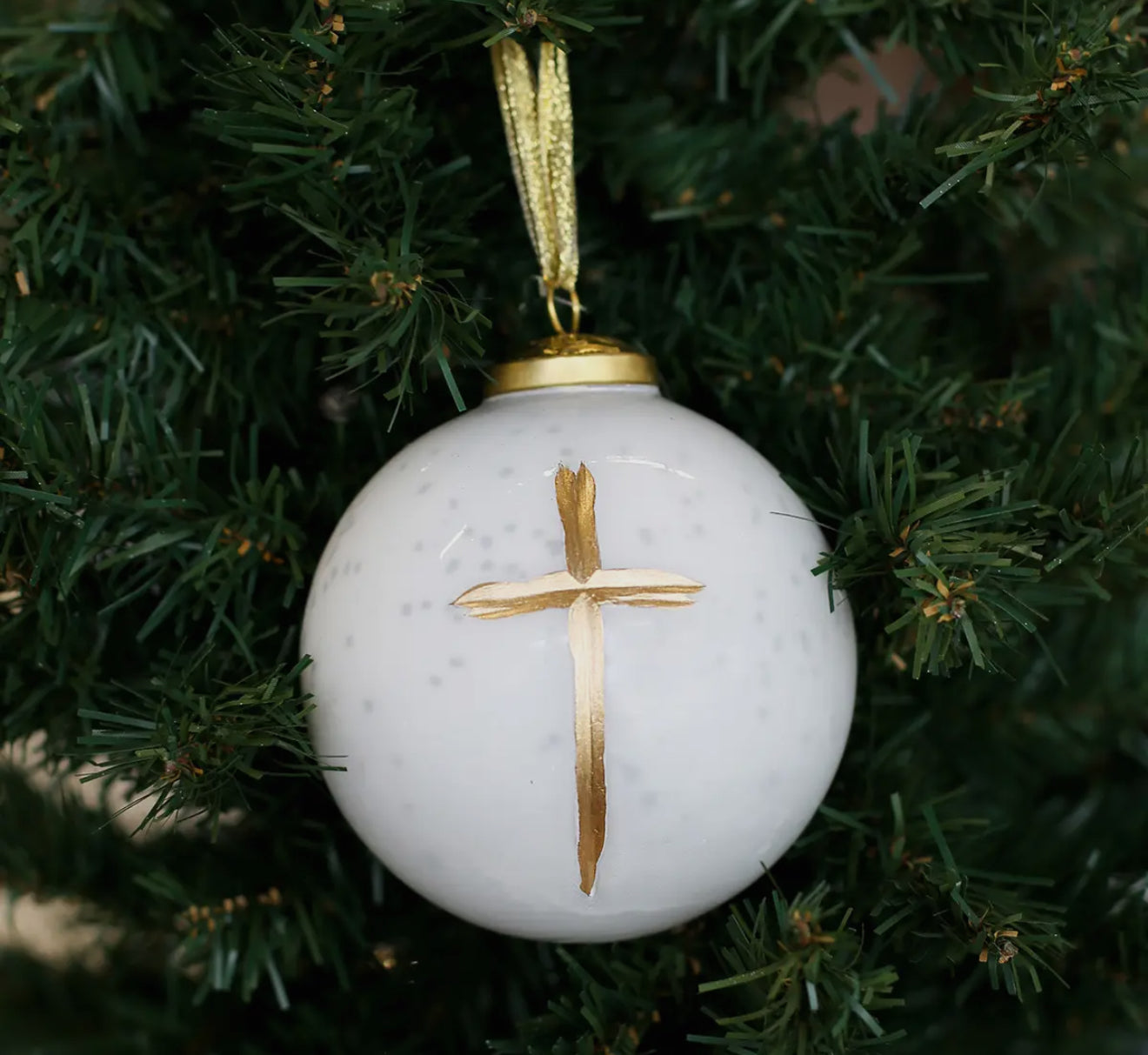 White Cross Glass Ball Ornament