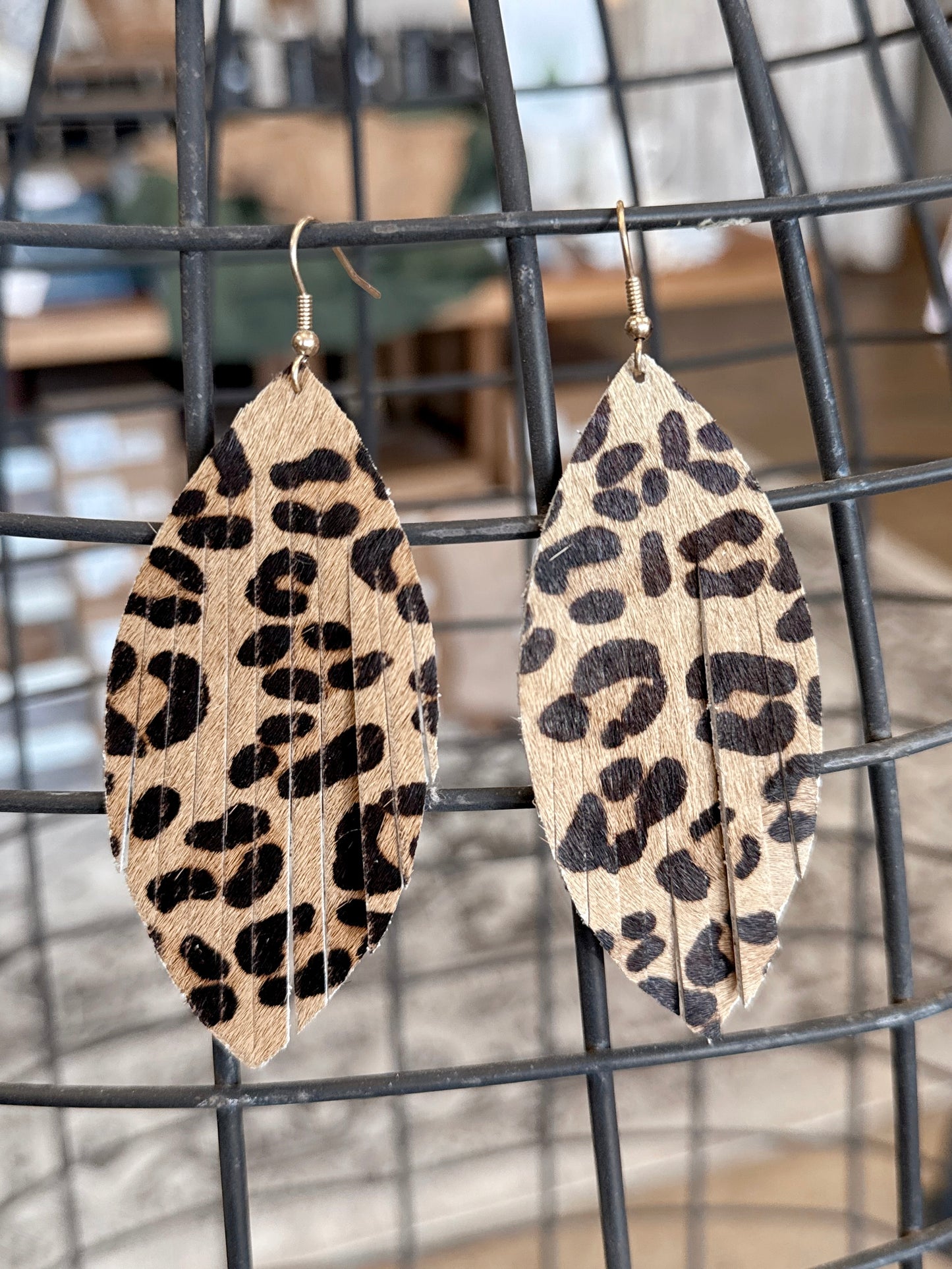 Leather Fringe Earrings- Brown Leopard