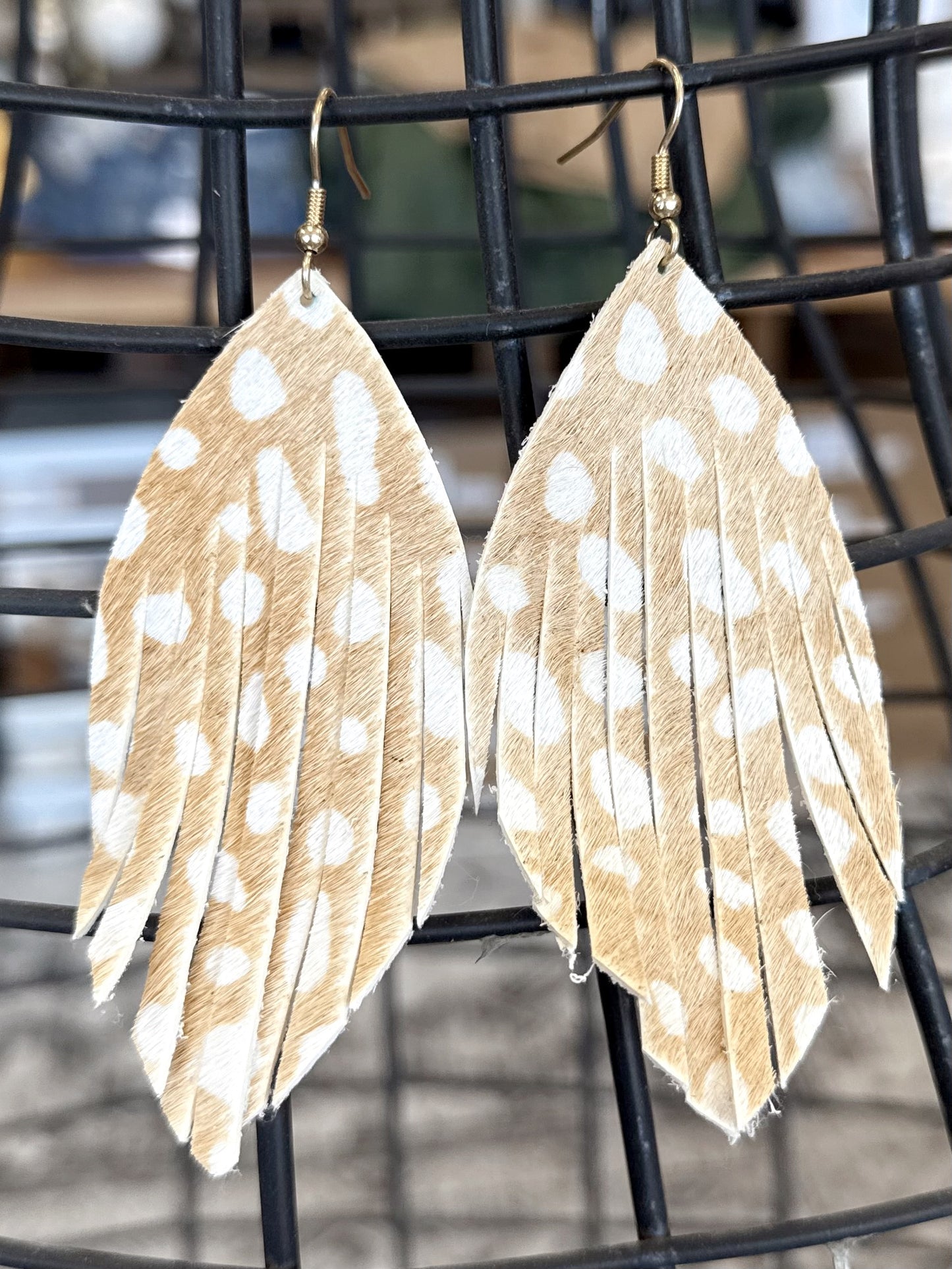 Leather Fringe Earrings-White Spots